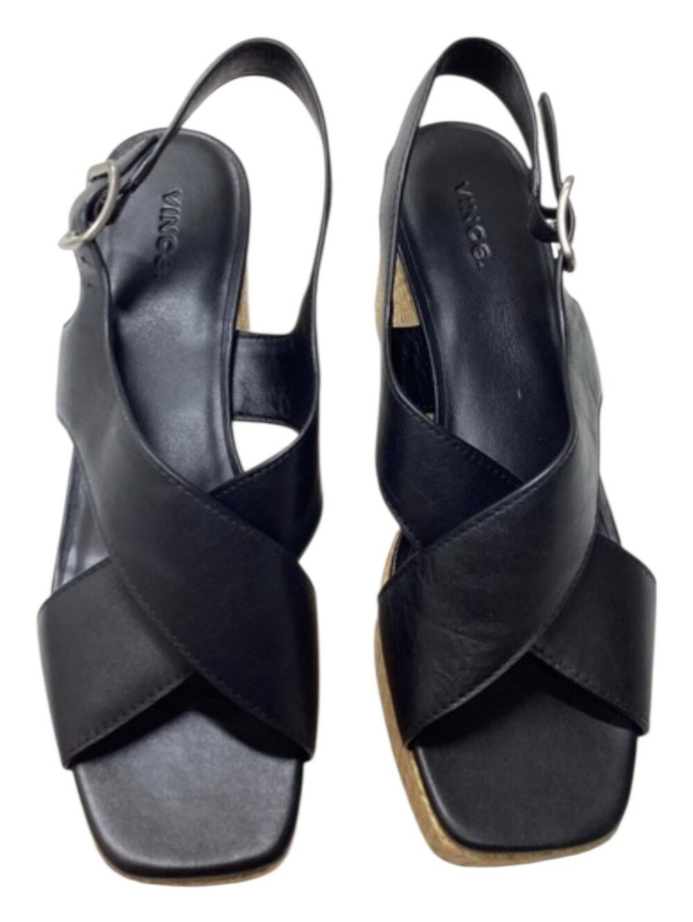 Vince Clementina Platform Raffia Black Crisscross Leather Slingback Sandals